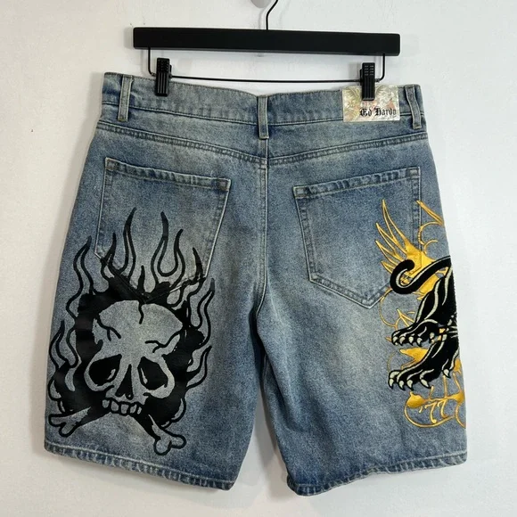 Ed Hardy Graphic Blue Jean Shorts for Men - Picture 2 of 8